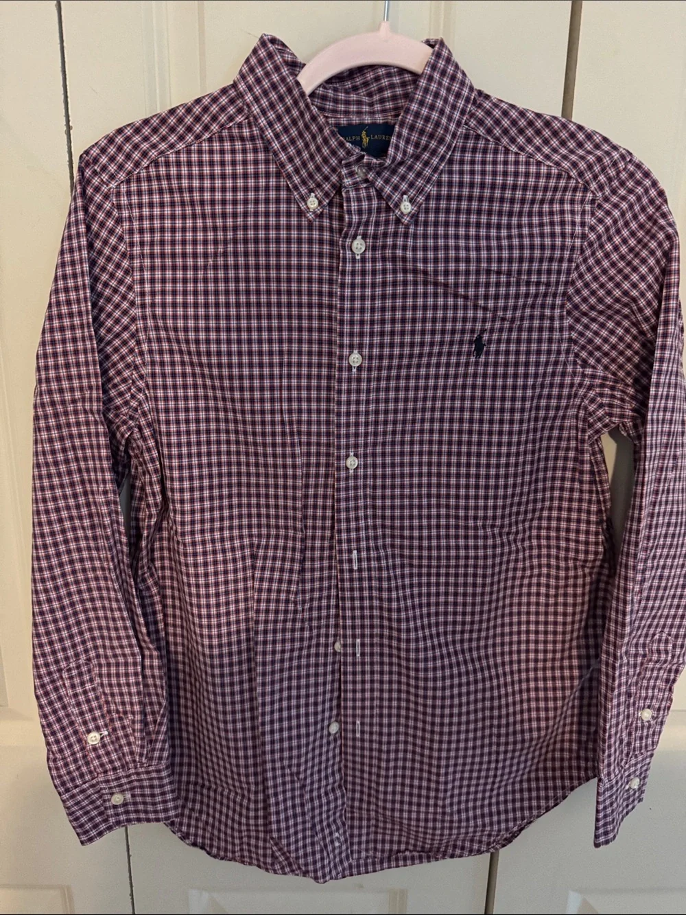 Boys Ralph Lauren Checked Button-Down Shirt with navy horse size 14/16